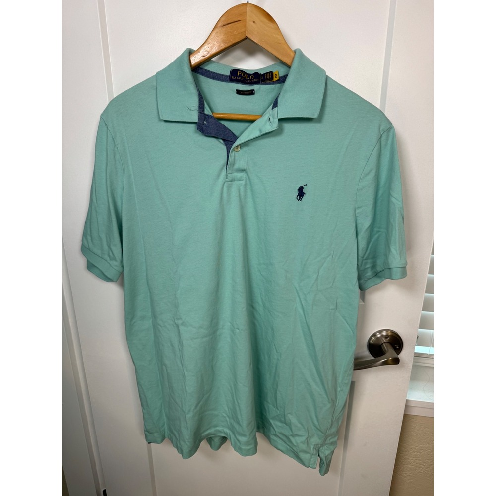 Polo Ralph Lauren Mens Classic Fit Polo Shirt Mint Green Blue Trim Size Large